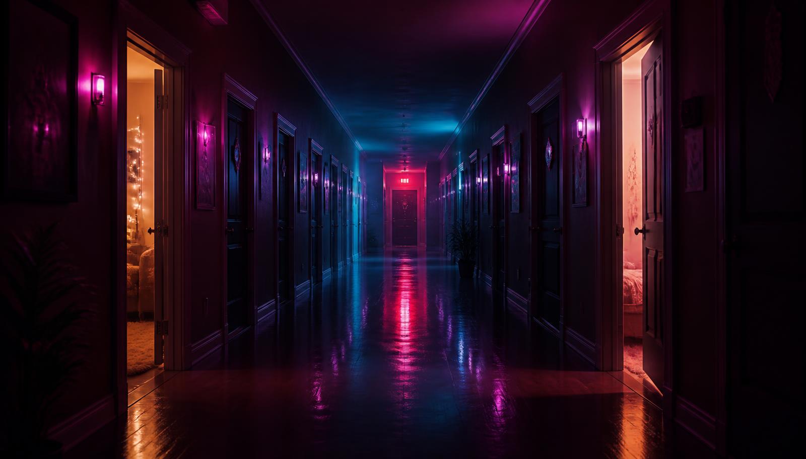 Sorority house hallway at night with two doors open, eight shut, and a red fire exit sign